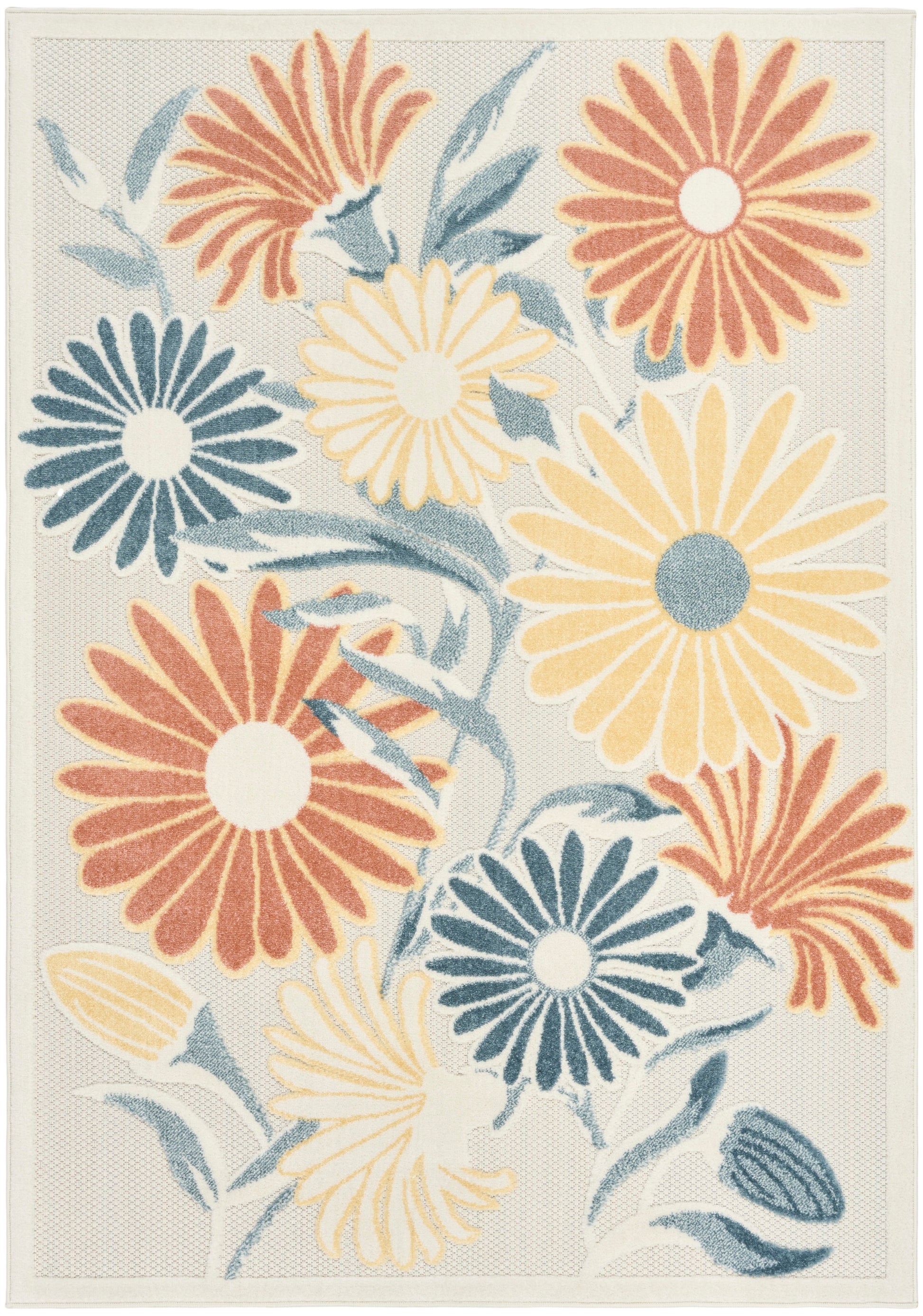 Decorative rug with large multicolor daisies in orange, yellow, navy & pale blue on cream textured background