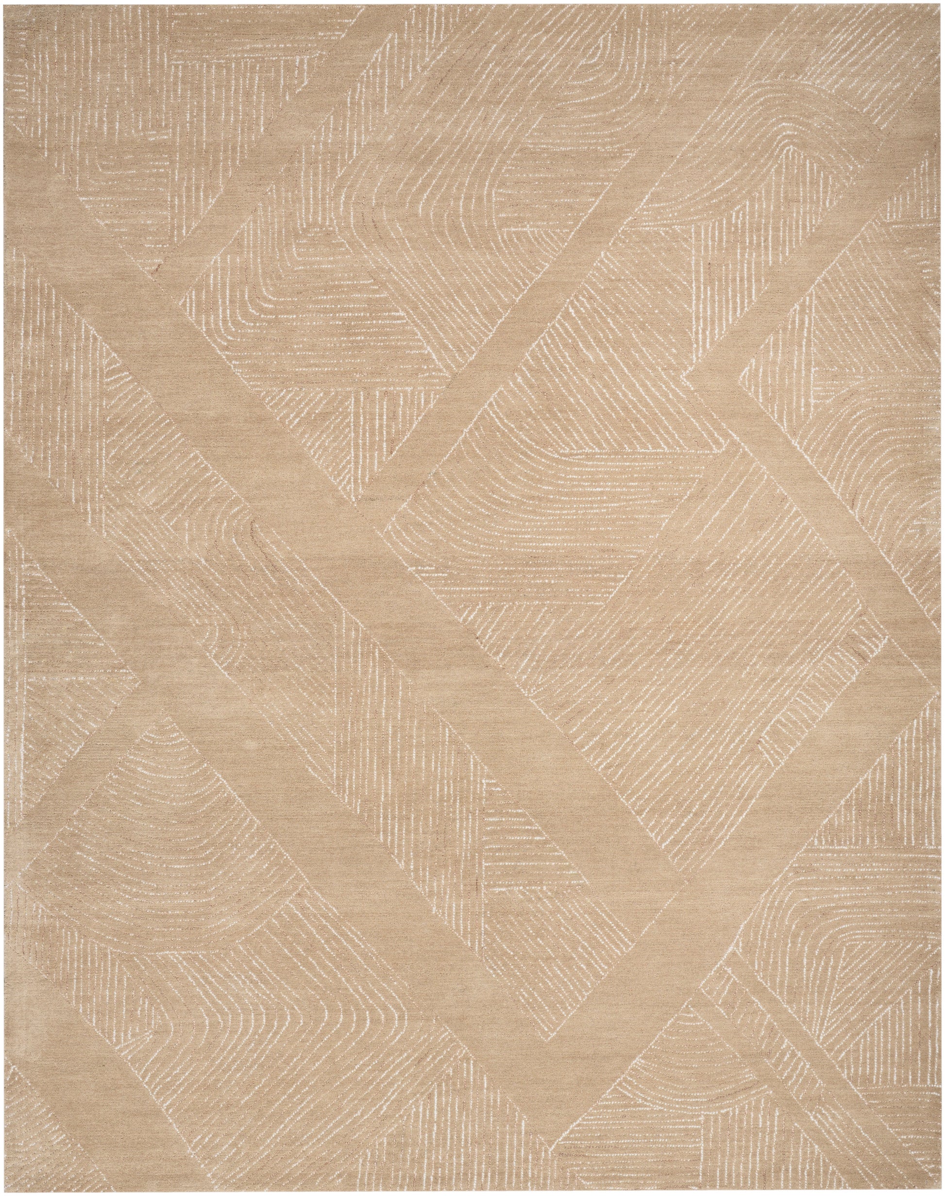 Beige woven area rug with abstract geometric pattern of tan diagonal bands and white crosshatched lines.