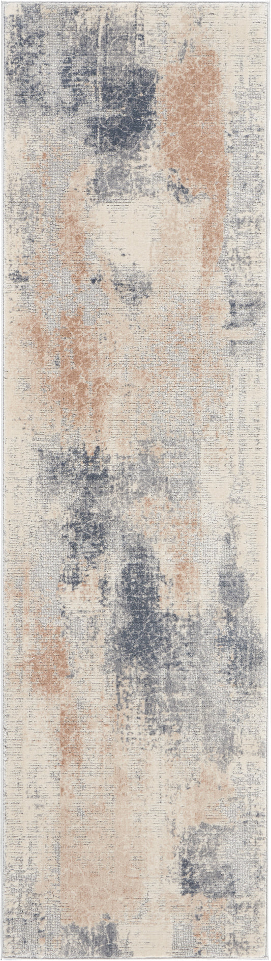 Abstract distressed area rug with beige base, navy blue and peach blotches for a modern, soft-toned look.