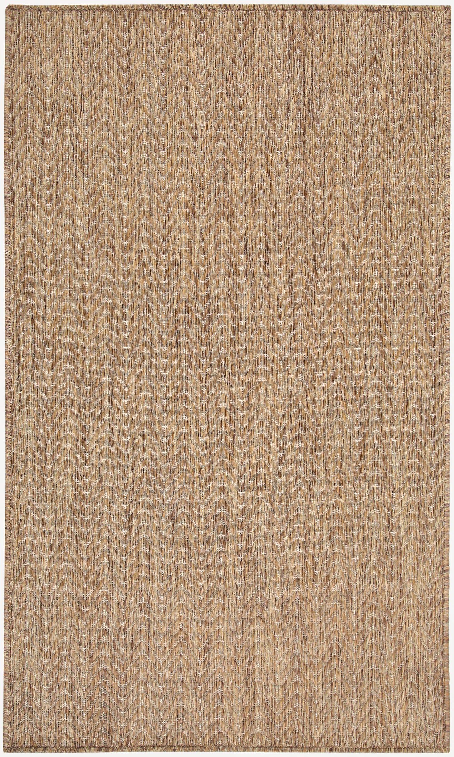 Rectangular natural jute rug with beige and brown chevron zigzag pattern, flatwoven, 3' x 5'.