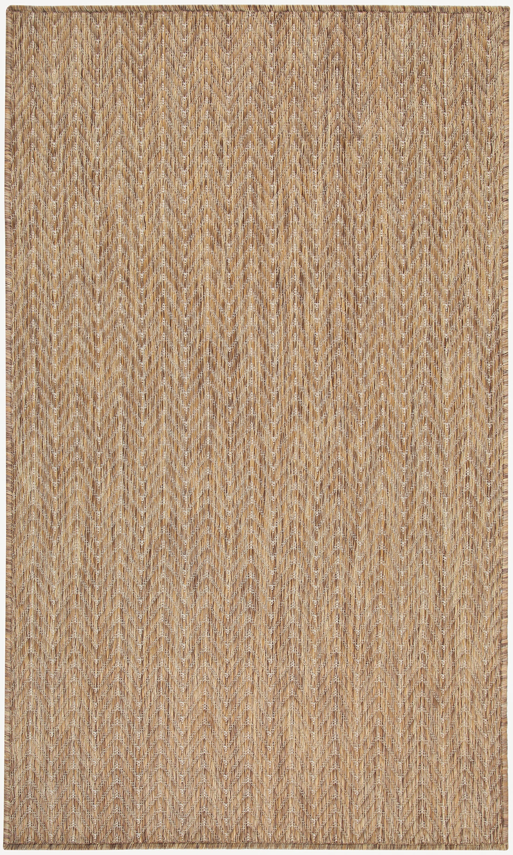 Rectangular natural jute rug with beige and brown chevron zigzag pattern, flatwoven, 3' x 5'.