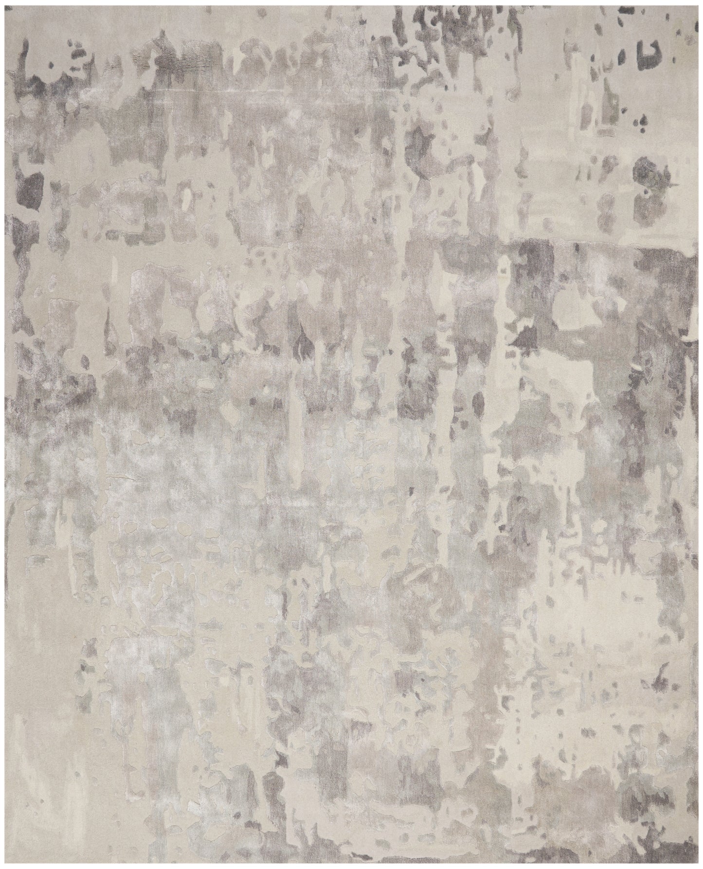 Neutral beige-gray abstract distressed rug, rectangular, soft low-pile, modern living room decor.