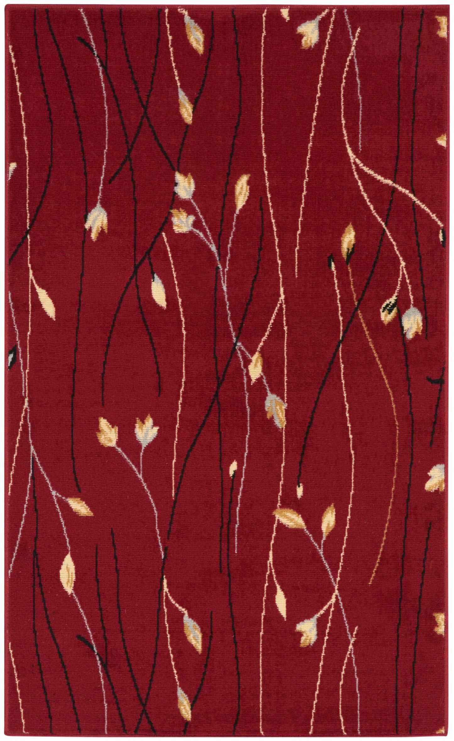 Red area rug with slender black and light tan curving stems and small yellow leaves.
