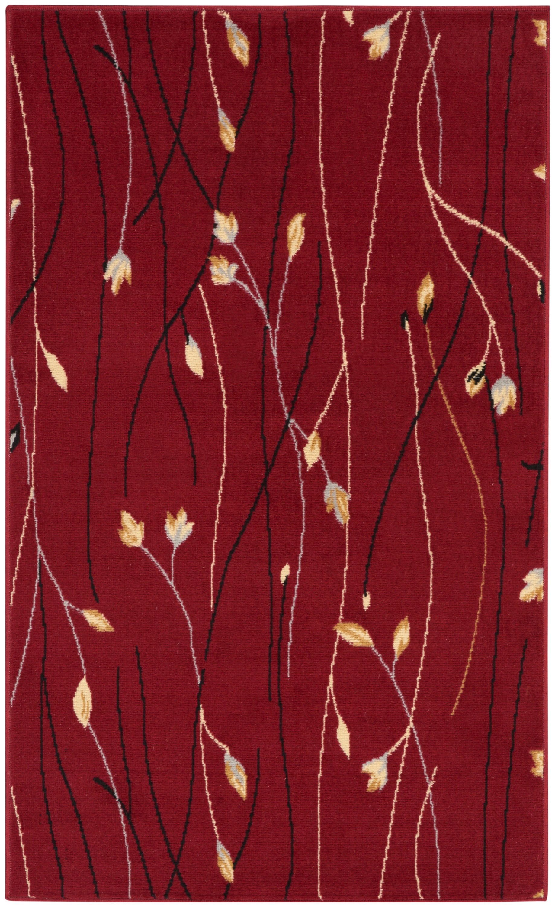 Red area rug with slender black and light tan curving stems and small yellow leaves.