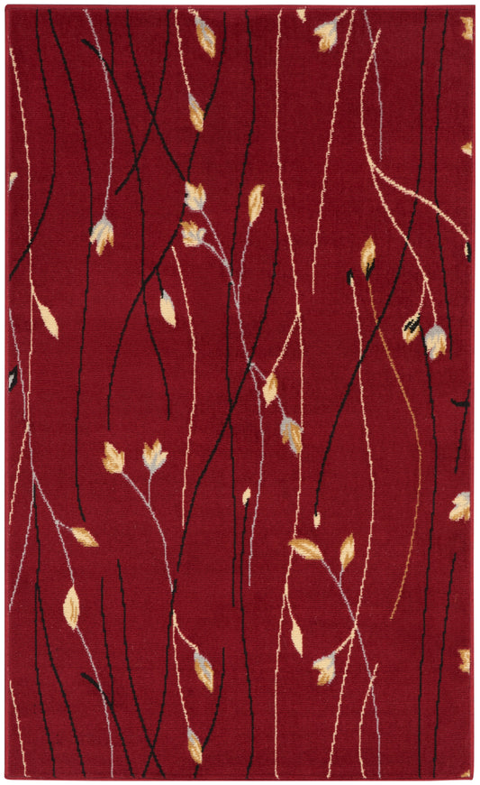 Red area rug with slender black and light tan curving stems and small yellow leaves.