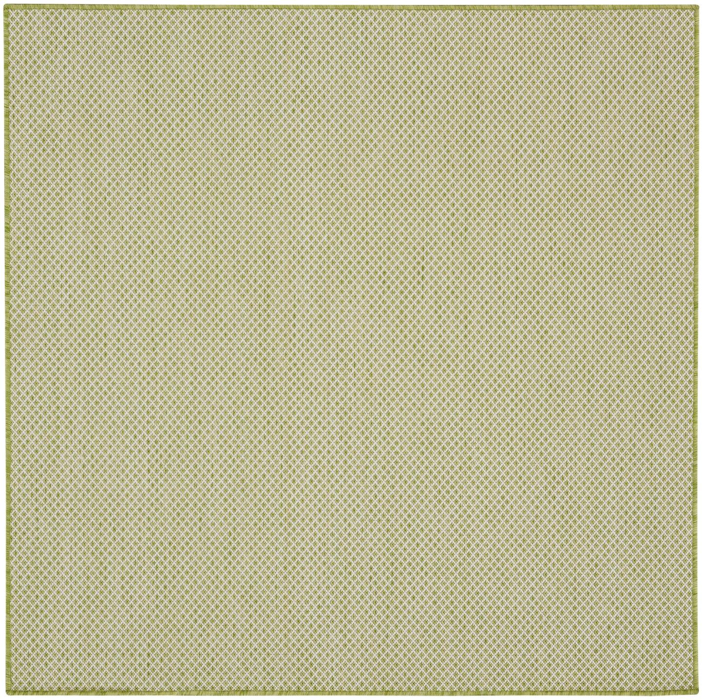 Square pale olive-yellow lattice rug with a light border, woven texture, ideal for living room or dining area.