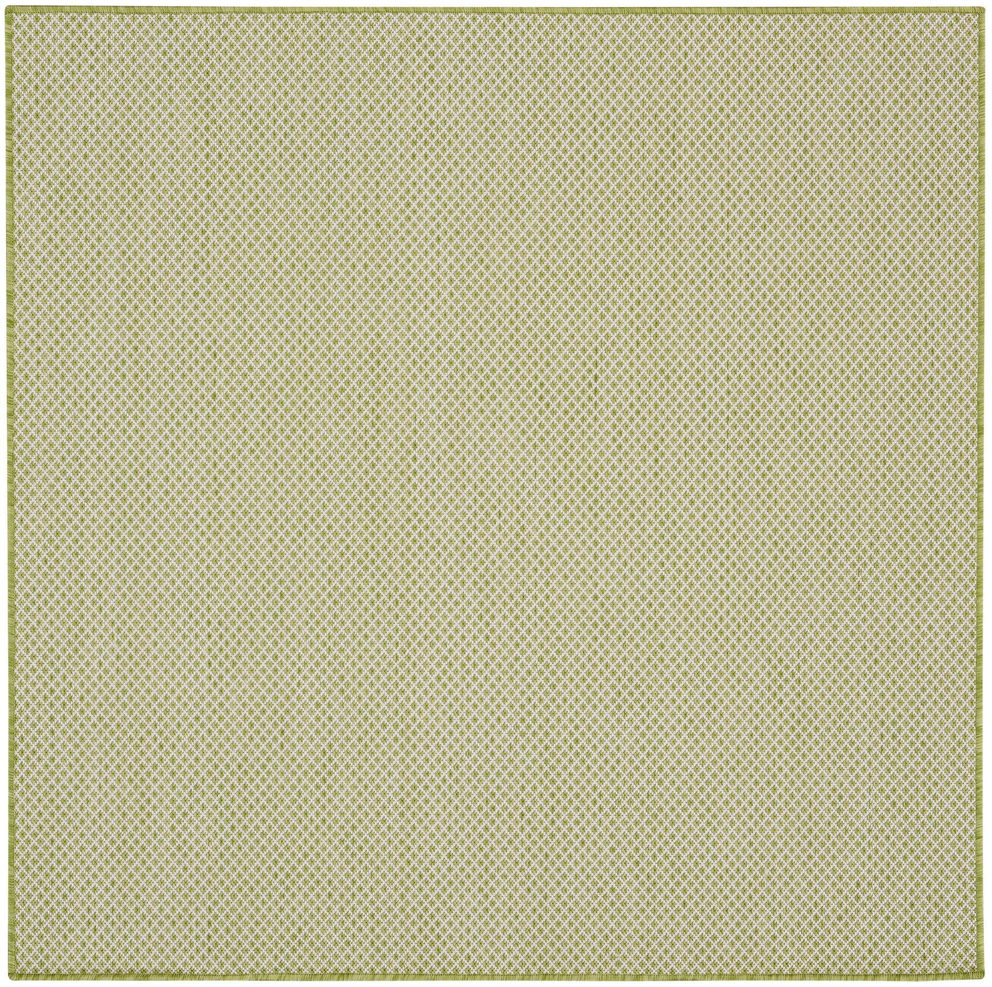 Square pale olive-yellow lattice rug with a light border, woven texture, ideal for living room or dining area.