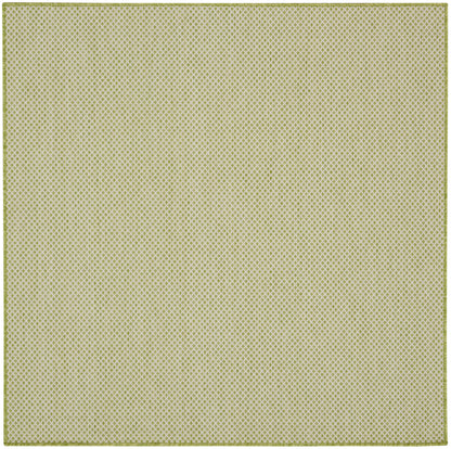 Square pale olive-yellow lattice rug with a light border, woven texture, ideal for living room or dining area.