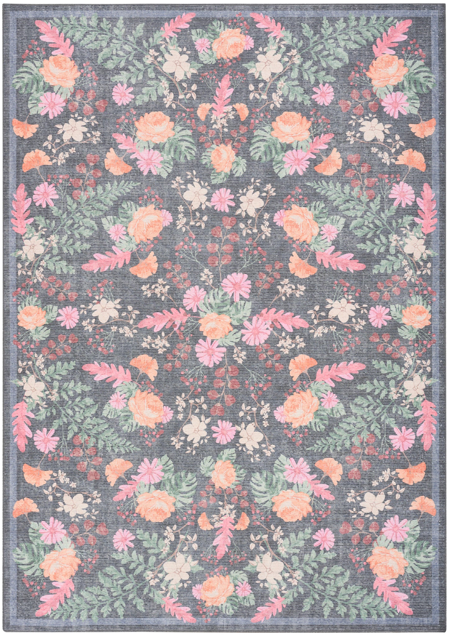 Floral area rug with peach and pink flowers, white blossoms and green leaves on a dark navy background; bordered.