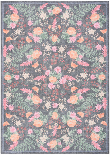 Floral area rug with peach and pink flowers, white blossoms and green leaves on a dark navy background; bordered.