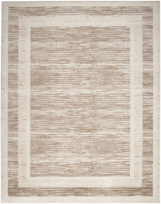 Neutral beige and taupe rectangular area rug with layered borders in a textured flat-weave style.