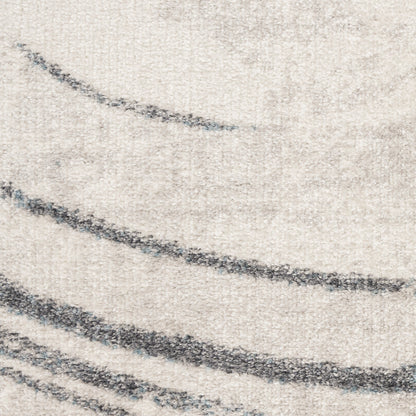 Cream beige rug with dark gray curved stripes in a modern abstract pattern, plush textured surface.