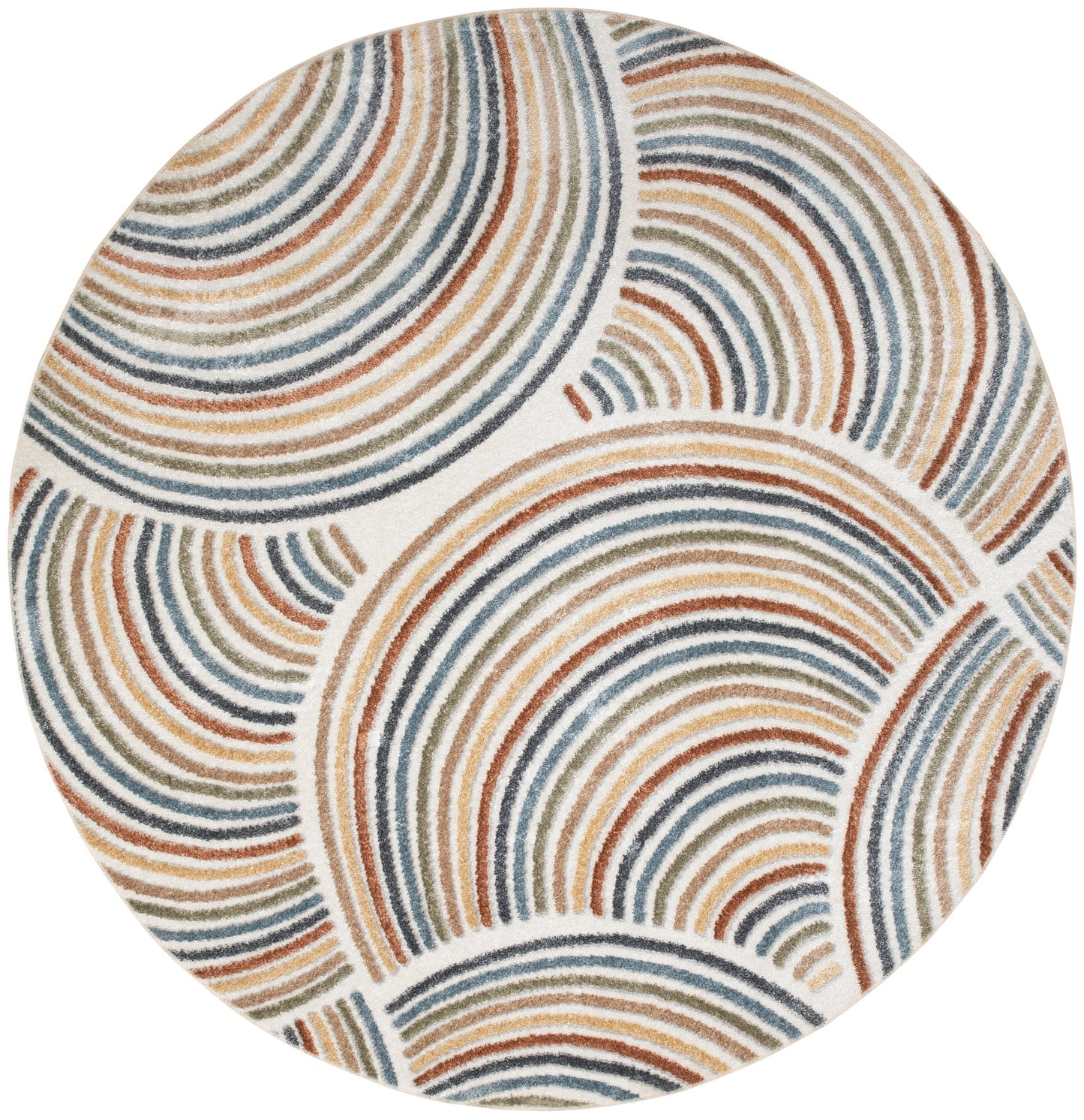 Round rug with repeating blue, teal and rust orange concentric arc patterns on ivory background.