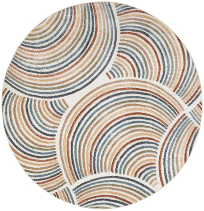 Round rug with repeating blue, teal and rust orange concentric arc patterns on ivory background.