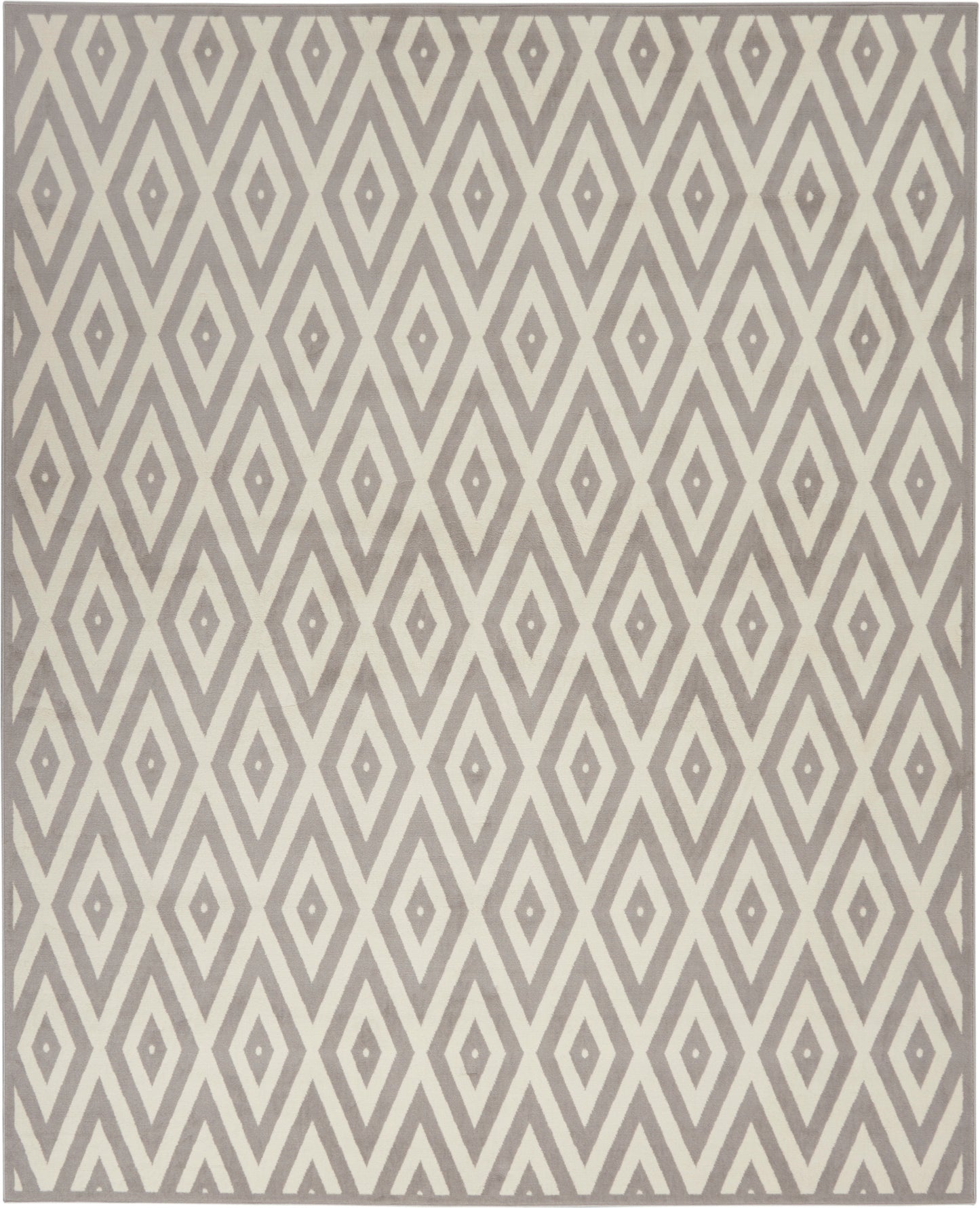 Woven rug with taupe and ivory diamond lattice pattern; modern geometric style for living room decor.
