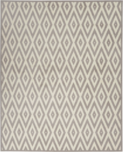 Woven rug with taupe and ivory diamond lattice pattern; modern geometric style for living room decor.