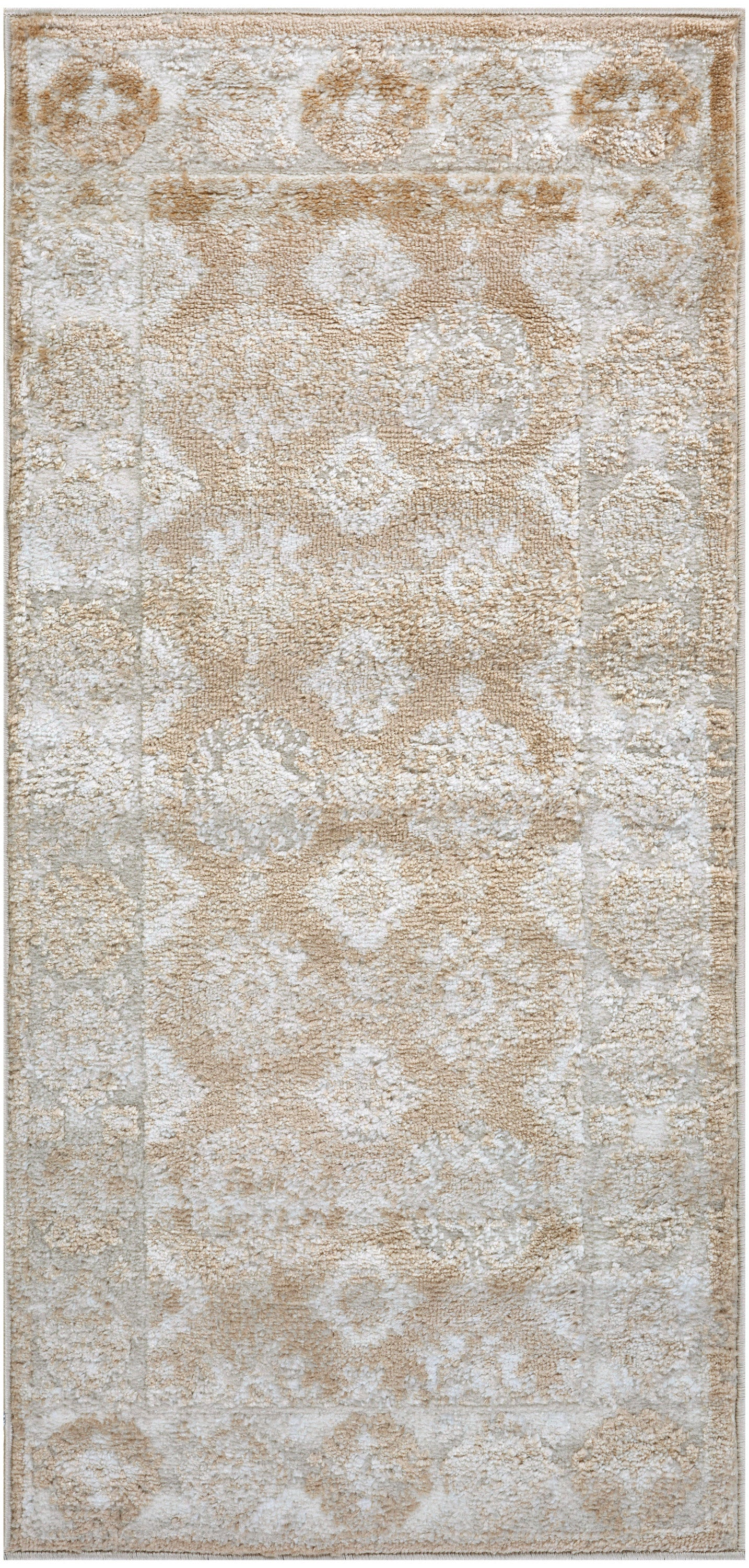 Beige distressed area rug with pale ivory & oriental medallion motifs & subtle border, traditional style.