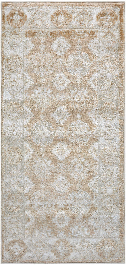 Beige distressed area rug with pale ivory & oriental medallion motifs & subtle border, traditional style.