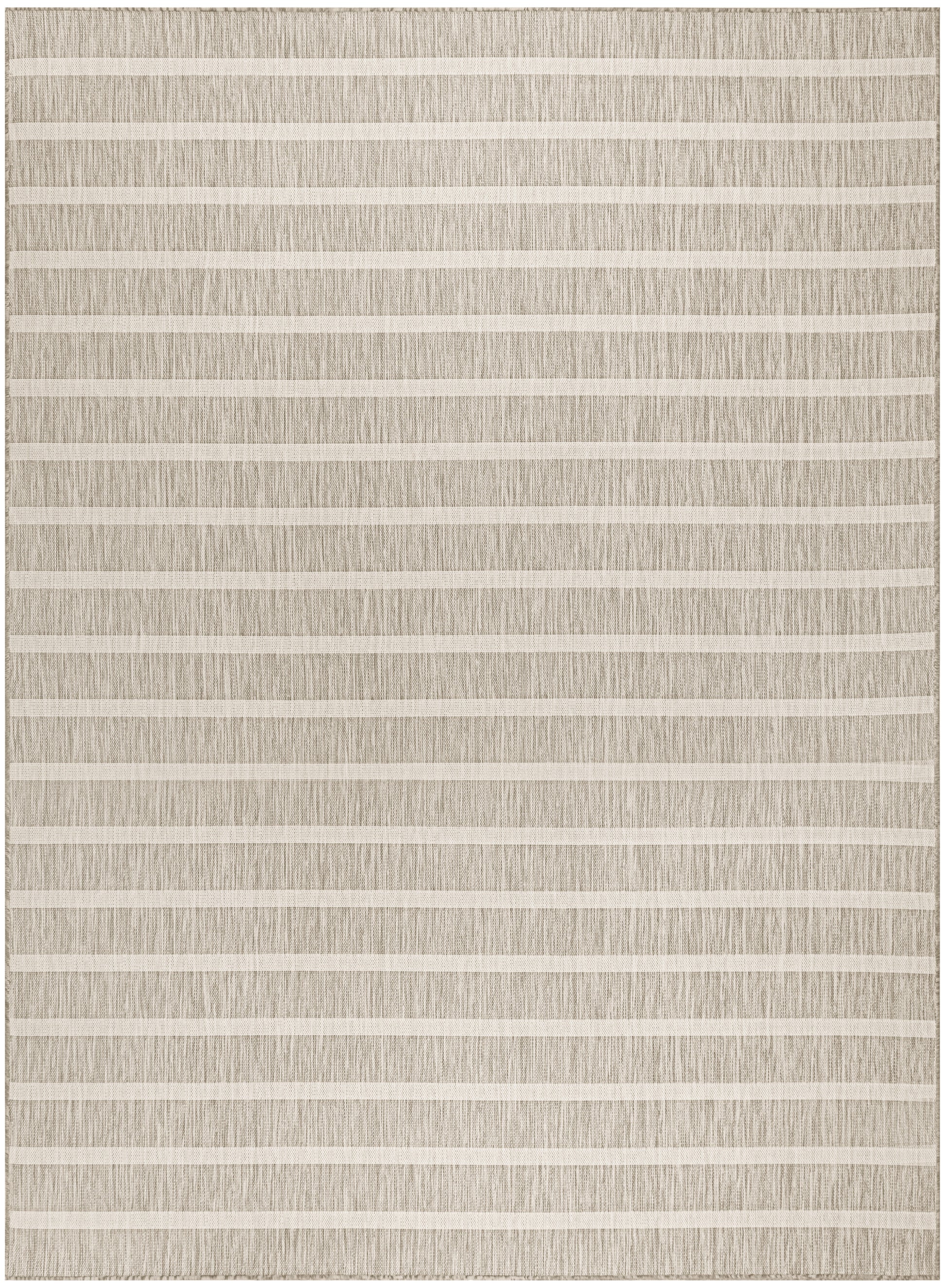Beige woven area rug with cream horizontal stripes; soft textured pile, modern neutral style for living room.