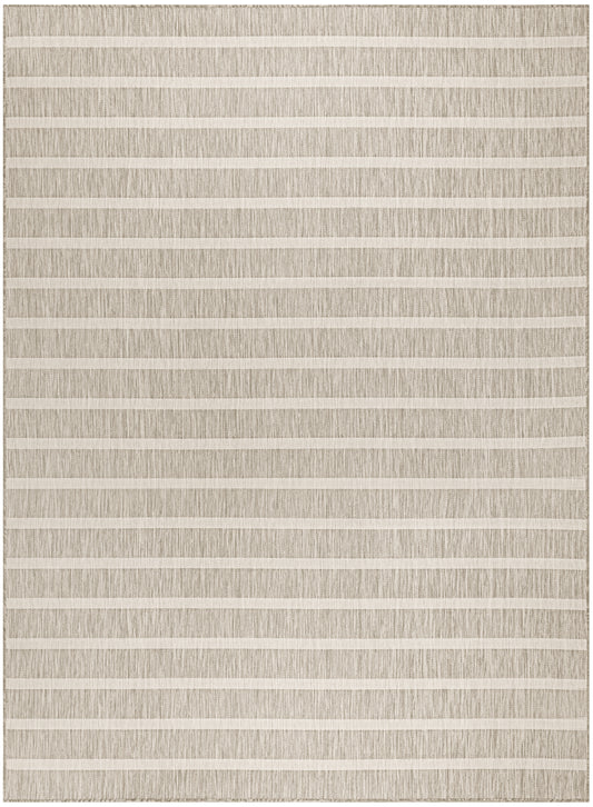 Beige woven area rug with cream horizontal stripes; soft textured pile, modern neutral style for living room.