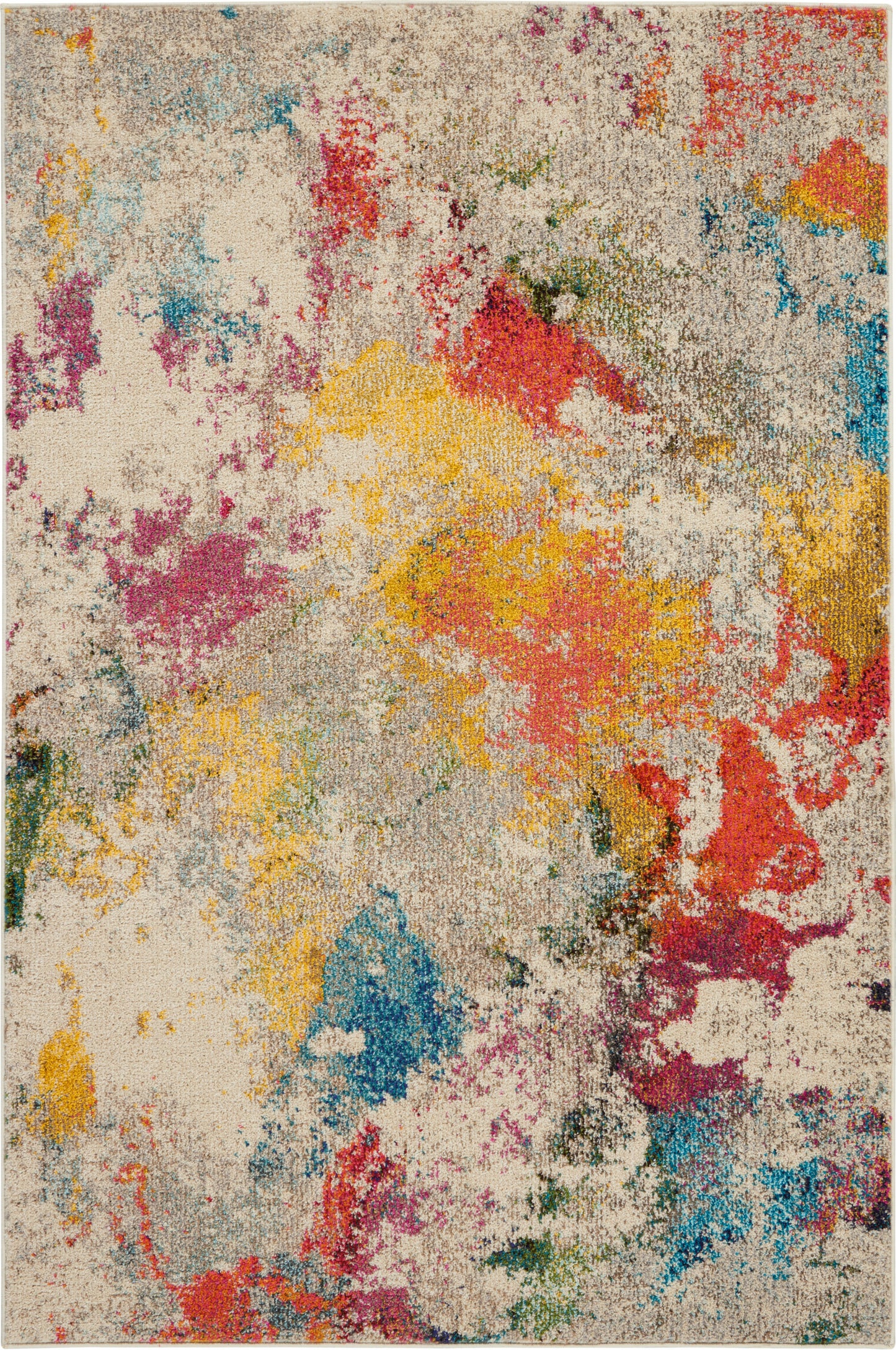 Abstract area rug with beige base and vibrant paint-splatter pattern in red, yellow, blue, green, purple.