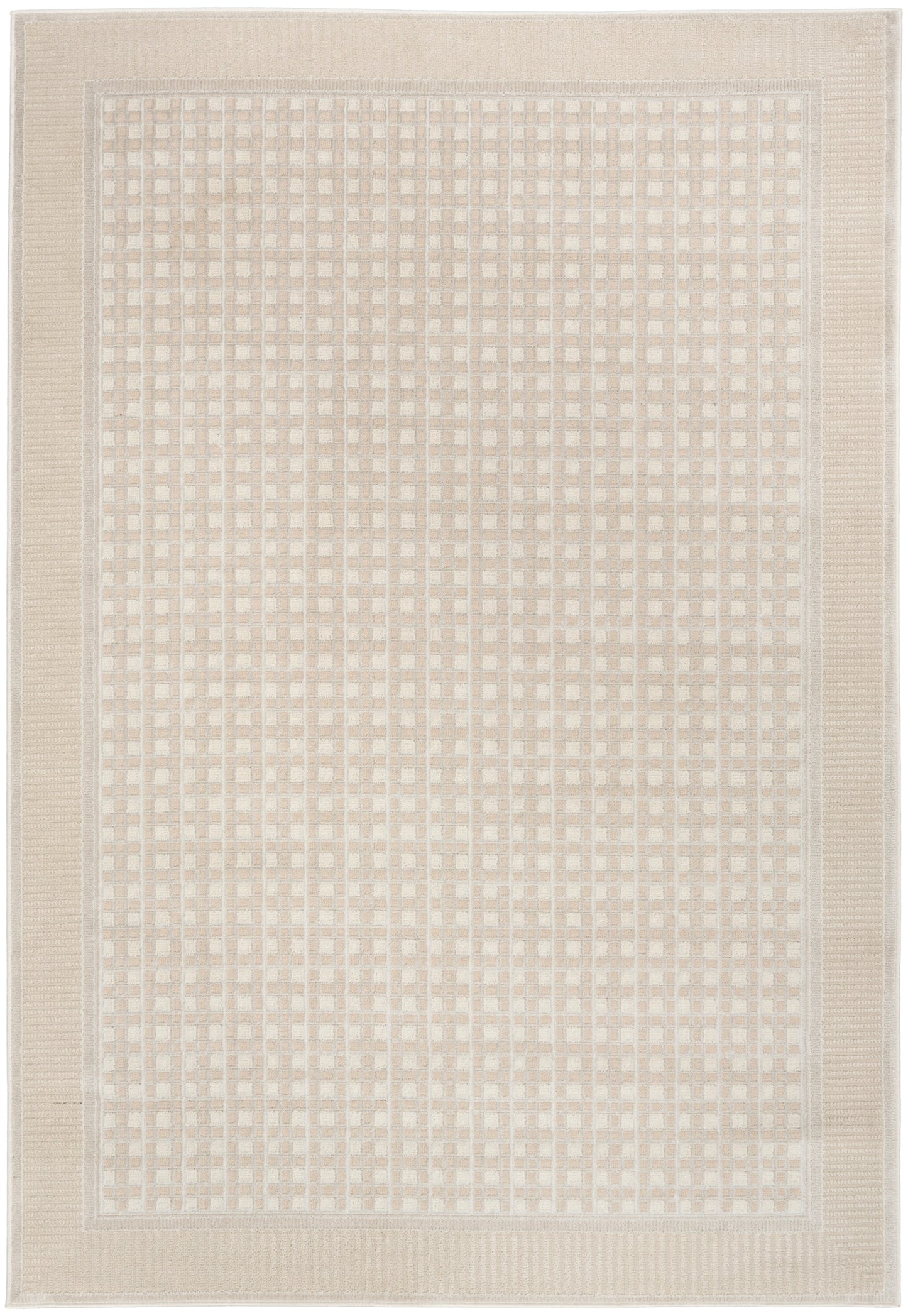Beige rectangular rug with cream checkered grid pattern and wide woven border.
