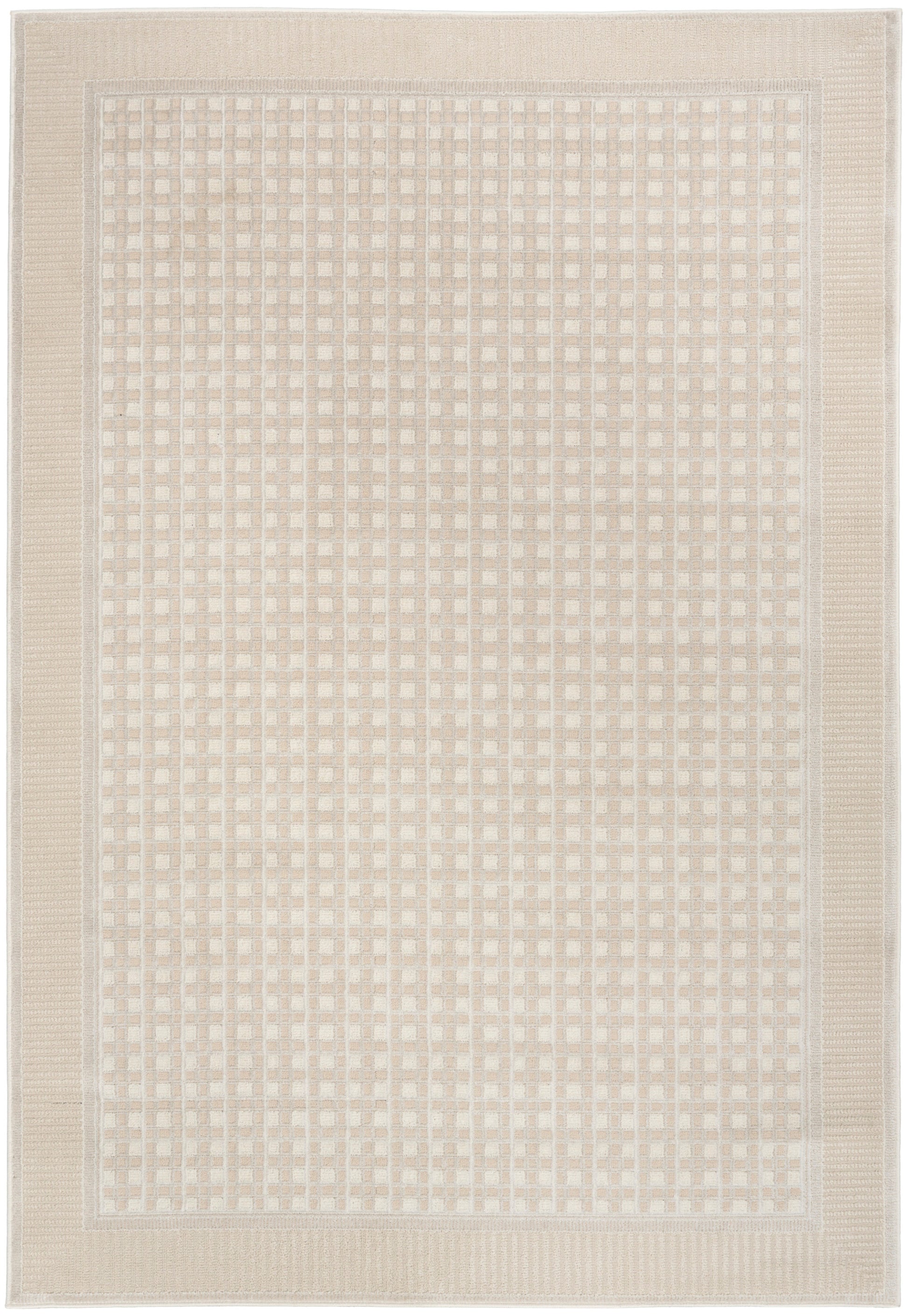 Beige rectangular rug with cream checkered grid pattern and wide woven border.