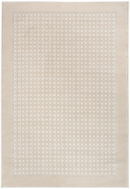 Beige rectangular rug with cream checkered grid pattern and wide woven border.