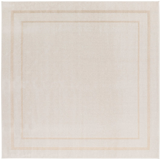 Beige square woven rug with subtle concentric square borders; minimalist, neutral living room decor.