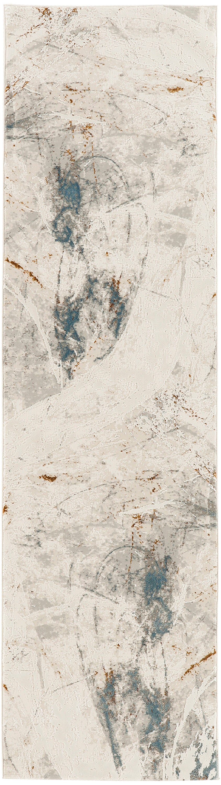 Vertical abstract rug with beige textured background, blue-gray brushstrokes and rust specks; modern rustic runner.