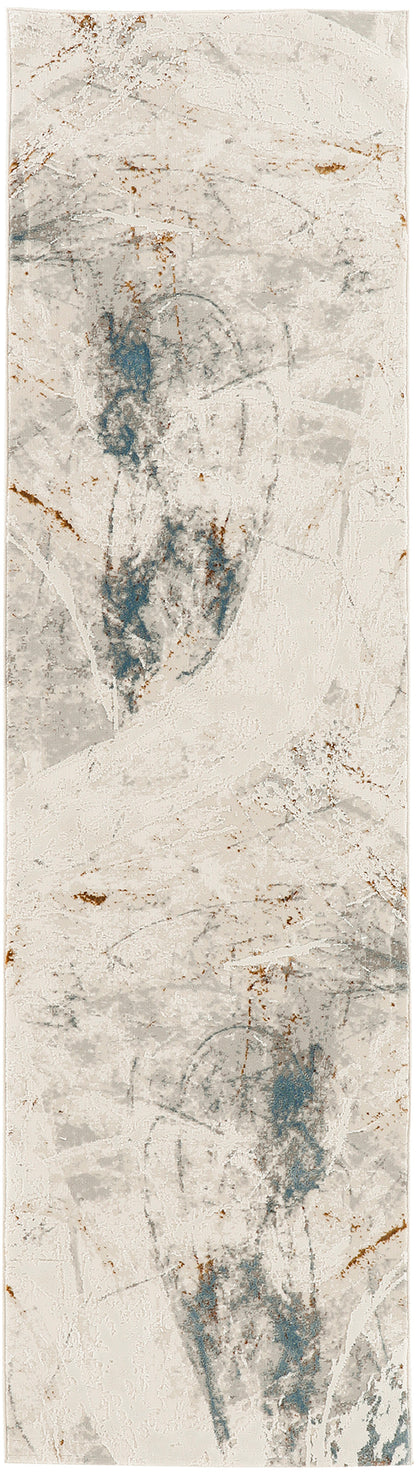 Vertical abstract rug with beige textured background, blue-gray brushstrokes and rust specks; modern rustic runner.