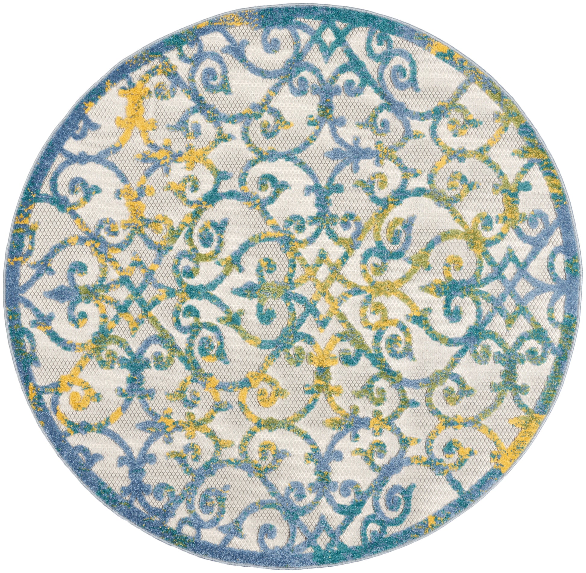 Round rug with blue and teal scrolling pattern accented by yellow on a white background; 5' round.