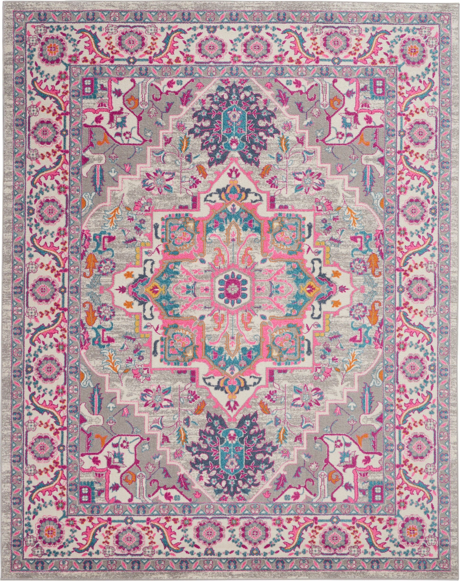 Colorful Bohemian-style area rug with pink, turquoise, purple and cream, ornate central medallion and floral borders, 7' x 10'.