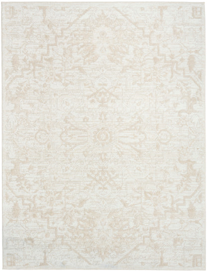 Cream ivory distressed oriental rug with subtle medallion center and geometric border; neutral, low-contrast, rectangular.