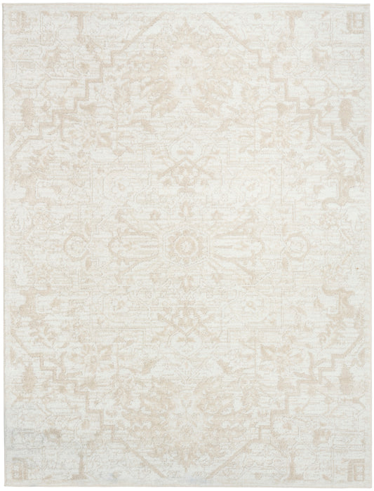 Cream ivory distressed oriental rug with subtle medallion center and geometric border; neutral, low-contrast, rectangular.