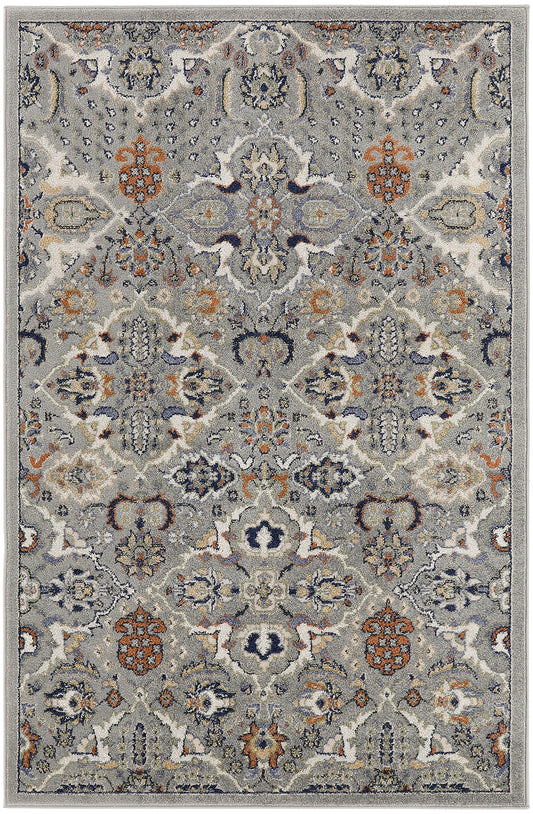 Gray-blue Oriental area rug with ivory, navy and orange floral medallions; traditional Persian-style pattern; 4' x 6'.