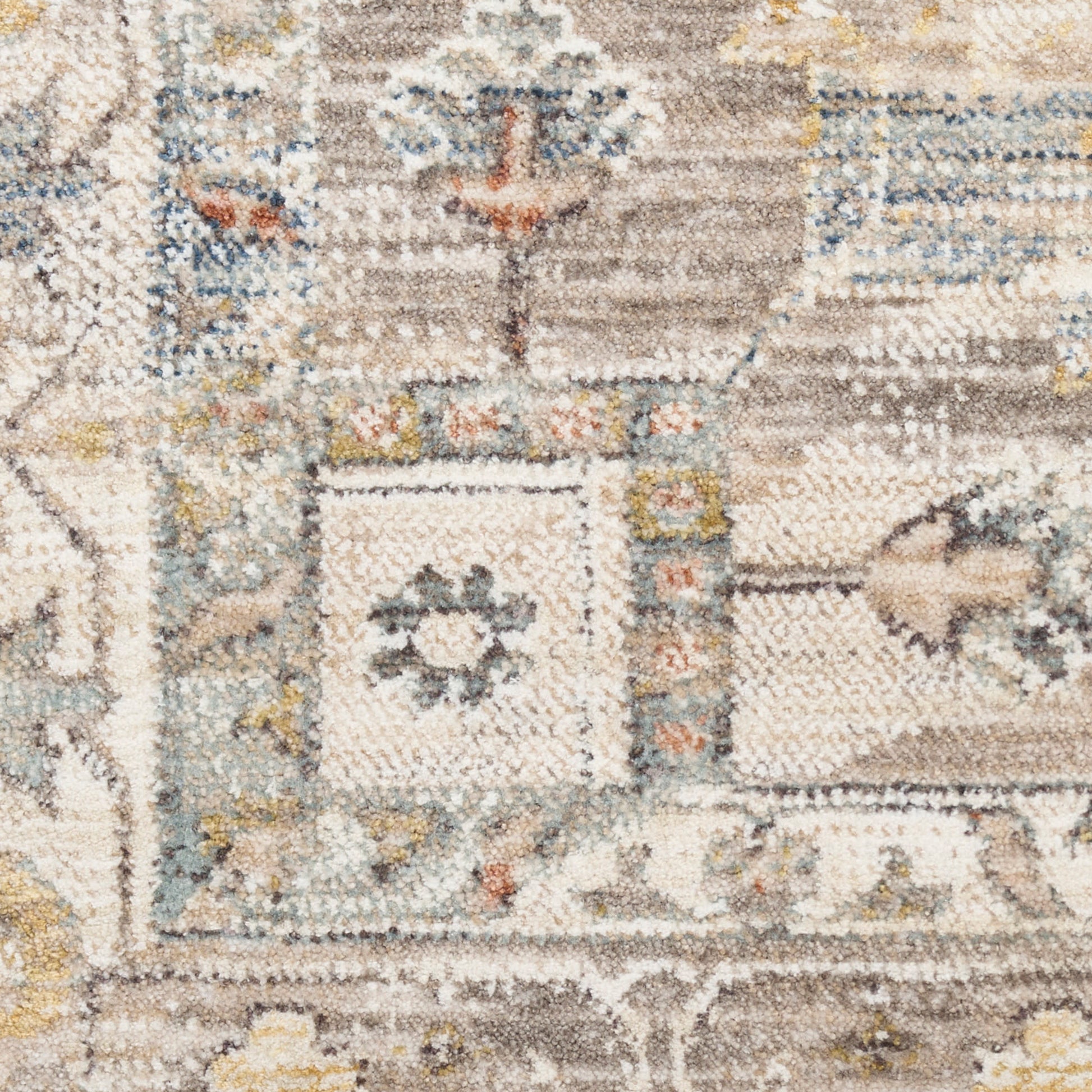 Beige vintage-area rug with muted blue & yellow accents; ornate geometric & floral patterns.