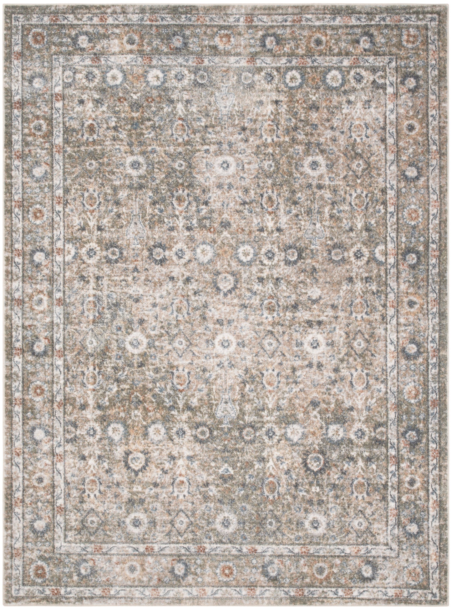 Rectangular distressed beige-gray Persian-inspired area rug with floral medallions & bordered edges.