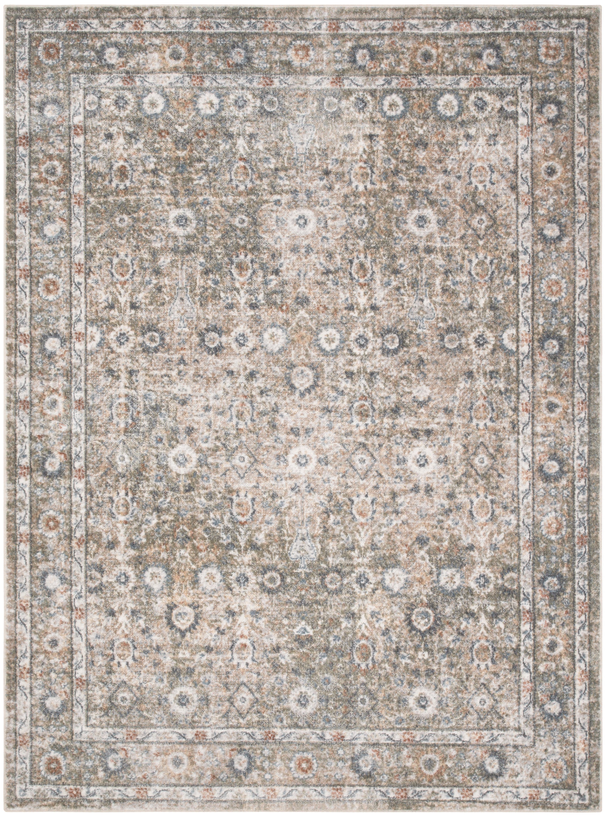Rectangular distressed beige-gray Persian-inspired area rug with floral medallions & bordered edges.