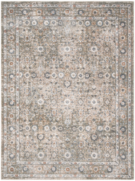 Rectangular distressed beige-gray Persian-inspired area rug with floral medallions & bordered edges.
