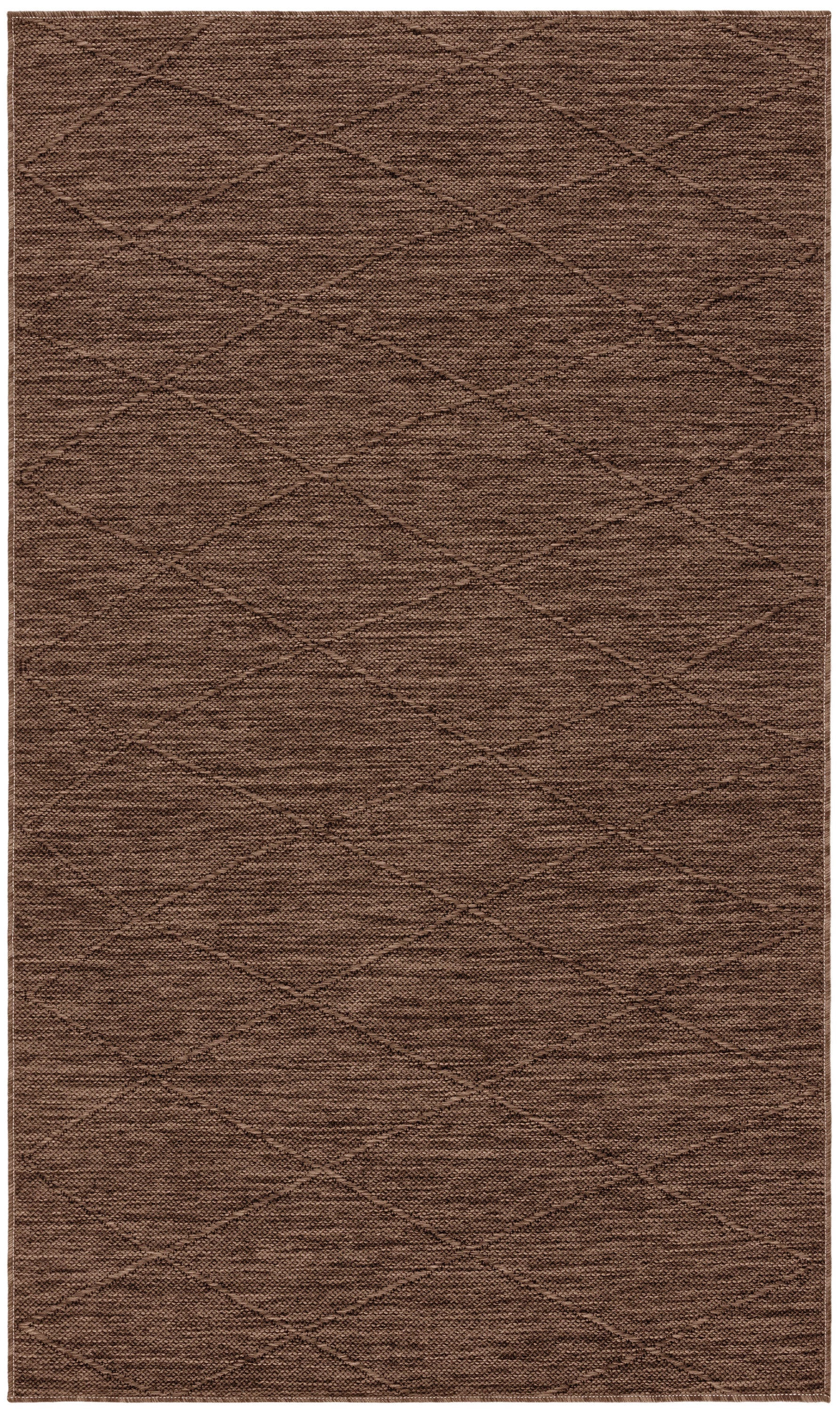 Brown rectangular area rug with a textured weave and subtle diamond lattice pattern.