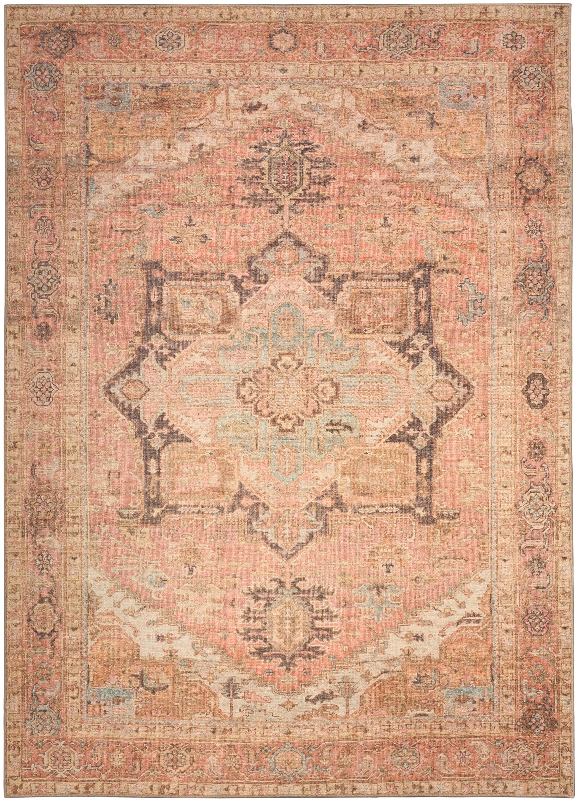 Rectangular vintage pink-peach oriental rug with central medallion, ivory, blue and rust accents; ornate, wool-like pile.