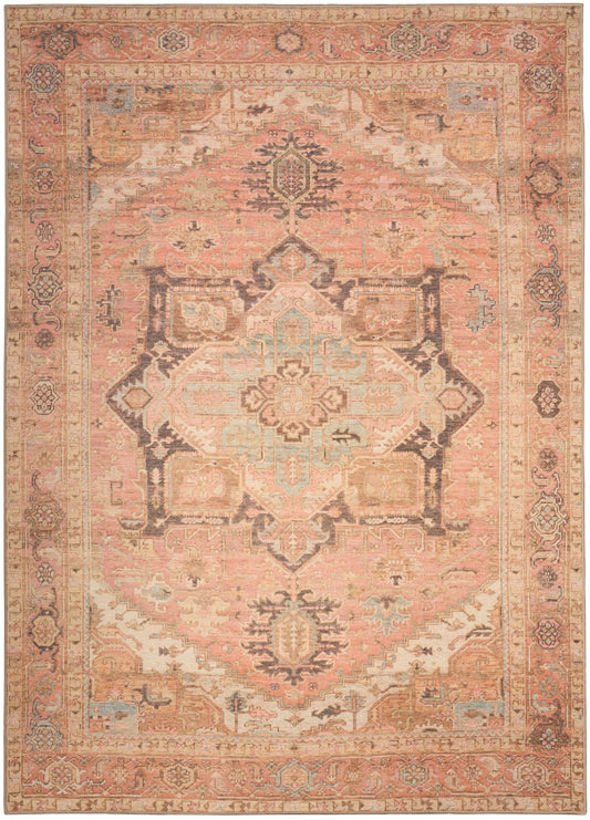 Rectangular vintage pink-peach oriental rug with central medallion, ivory, blue and rust accents; ornate, wool-like pile.