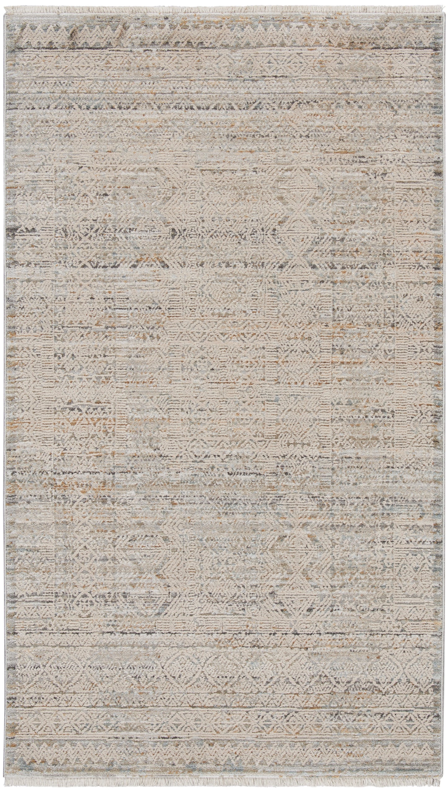 Neutral geometric vintage-style flatweave area rug in beige, gray and taupe with diamond motifs and fringe.