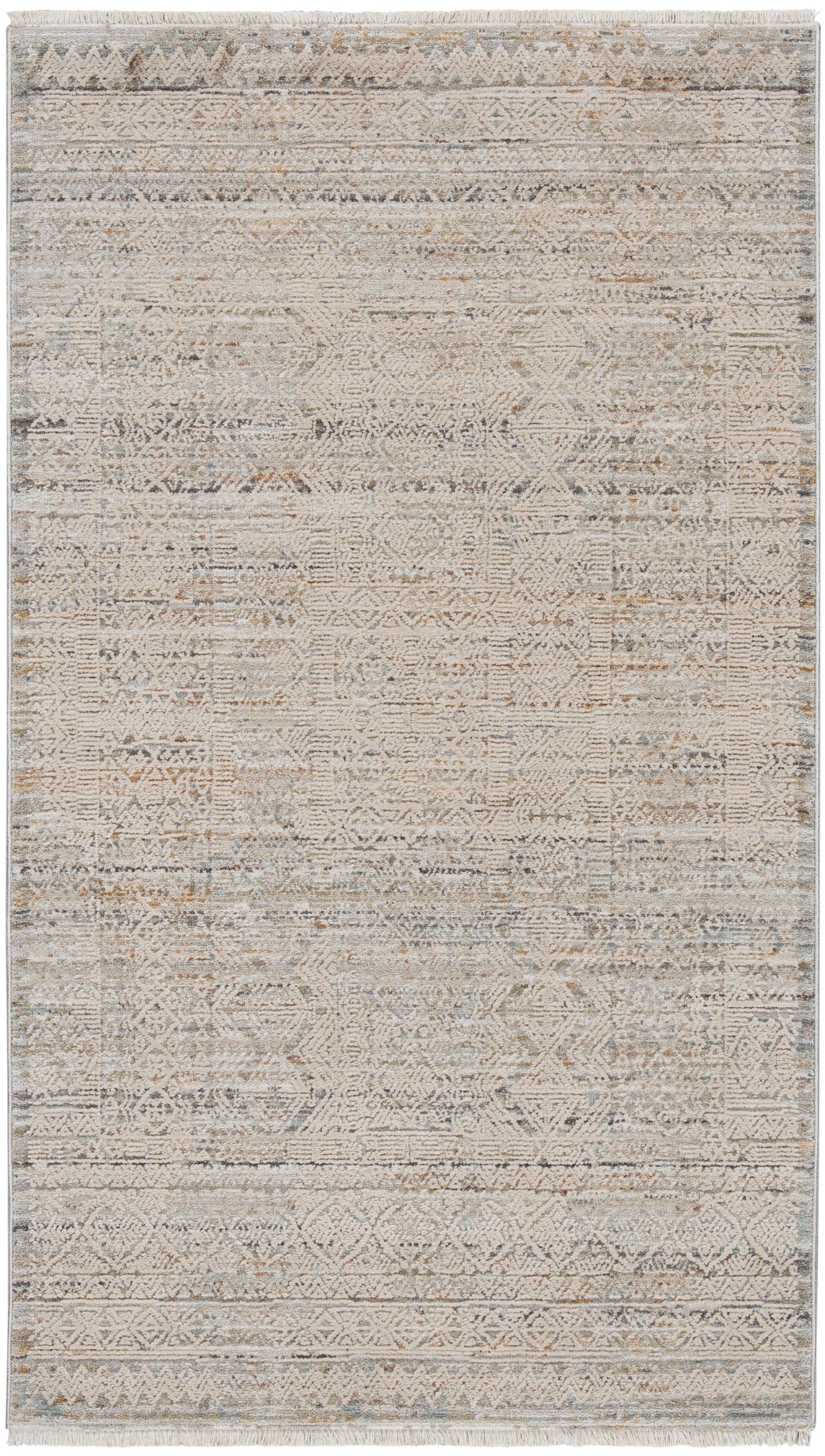 Neutral geometric vintage-style flatweave area rug in beige, gray and taupe with diamond motifs and fringe.
