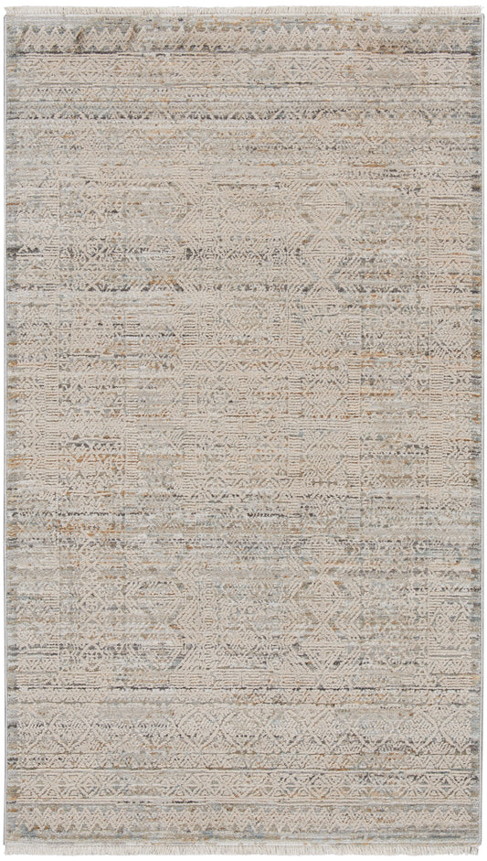 Neutral geometric vintage-style flatweave area rug in beige, gray and taupe with diamond motifs and fringe.