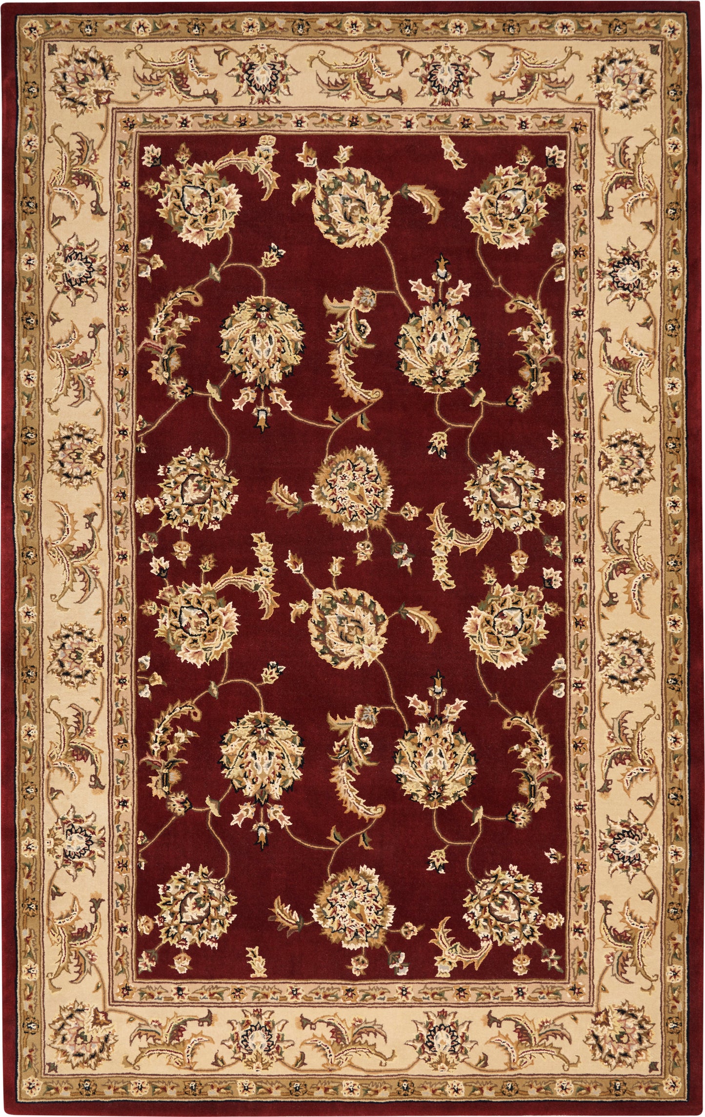 Rectangular Persian-style area rug with a deep burgundy field and a cream floral border.