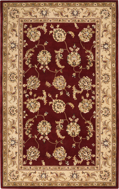 Rectangular Persian-style area rug with a deep burgundy field and a cream floral border.