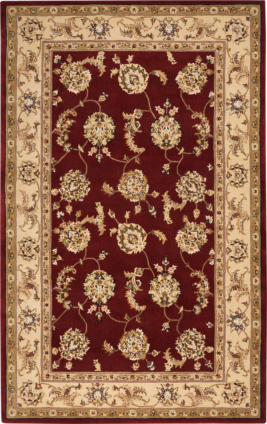 Rectangular Persian-style area rug with a deep burgundy field and a cream floral border.