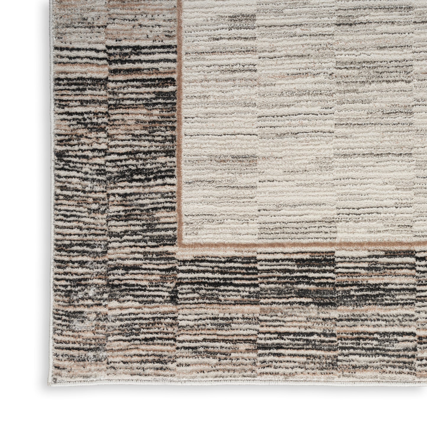 Neutral-toned rectangular area rug with patchwork striped pattern in beige, cream, taupe and brown; textured woven surface.